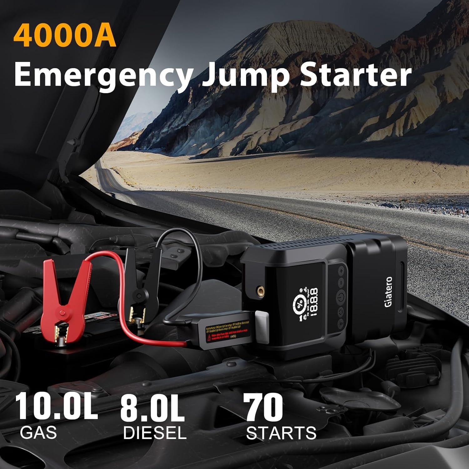 Q13 4000A Portable Car Jump Starter with Air Compressor 150PSI, Jump Start Battery Pack(10.0L Gas/8.0L Diesel), 12V Jump Box with 3 Modes Flashlight & Jumper Cable, LCD Display Power Bank