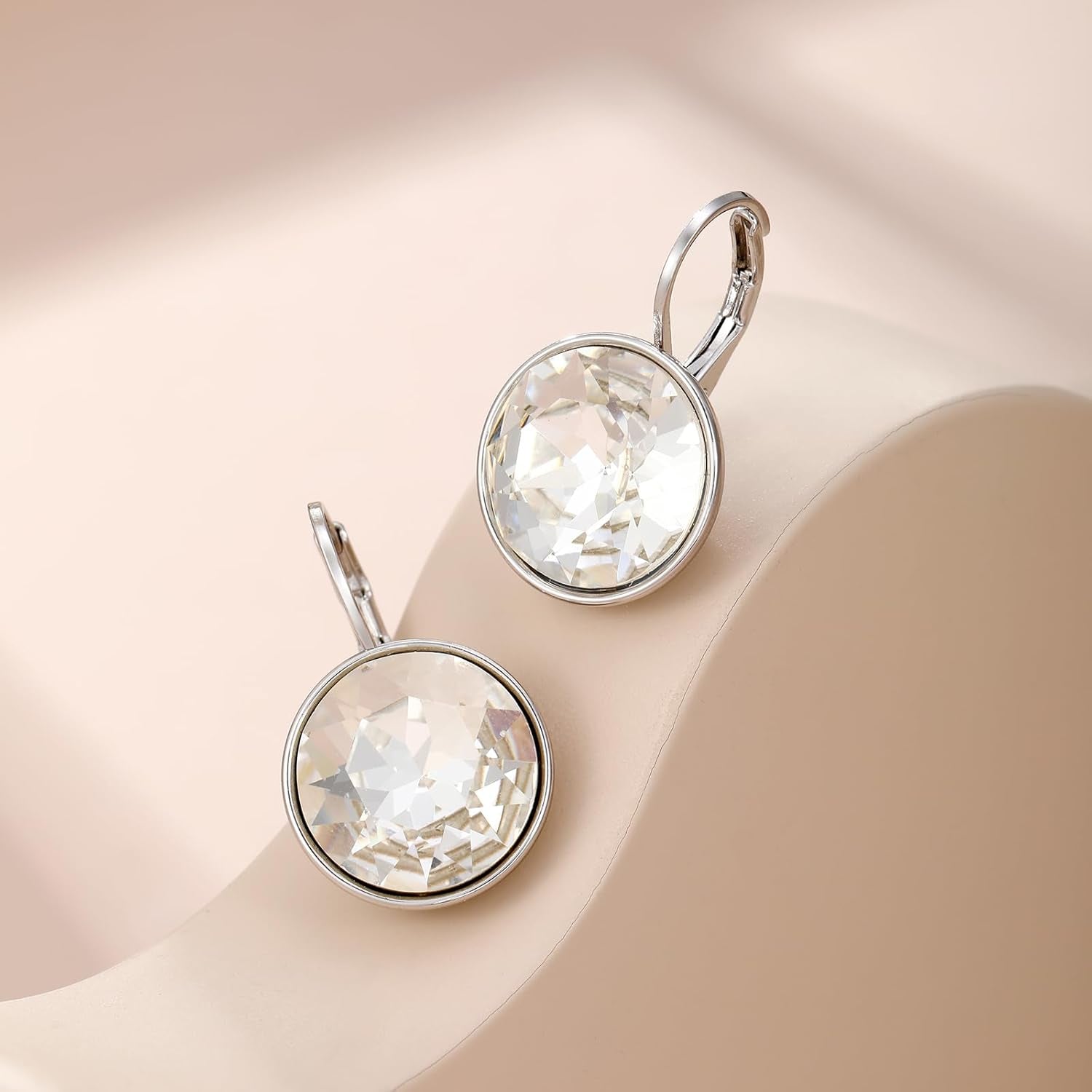round Crystal Leverback Earrings Sparkly Elegant Austrian Crystals 18K Platinum Plated Hypoallergenic Delicate Jewelry Gifts for Women Party