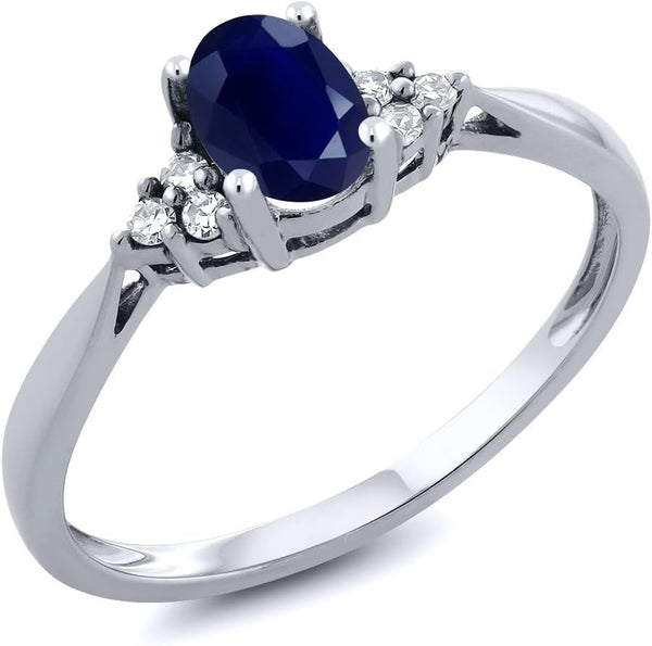 14K White Gold Gemstone Birthstone and White Diamond Engagement Ring | Oval Shape 6X4MM | Wedding Anniversary Promise Gold Ring for Women | Available in Size 5, 6, 7, 8, 9