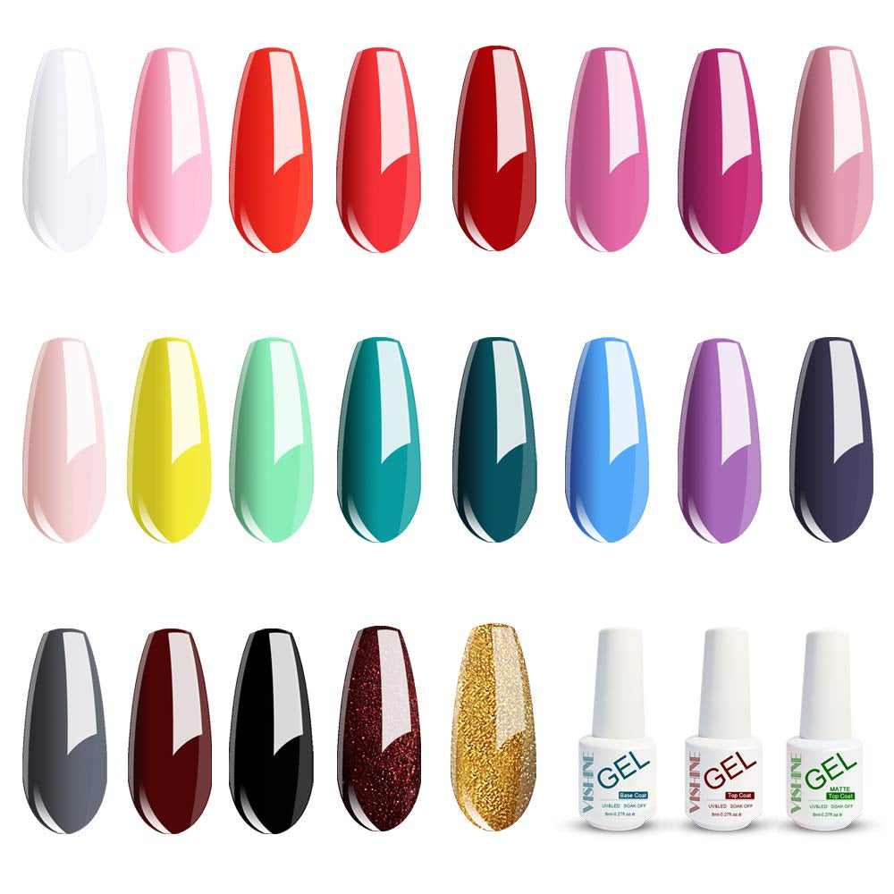 24pcs Gel Nail Polish Set Soak Off UV LED Glitter Gel Polish Pink Red Teal Nude Gel Colors Base Top Coats Nail Art Manicure Starter Kit 8ml #013