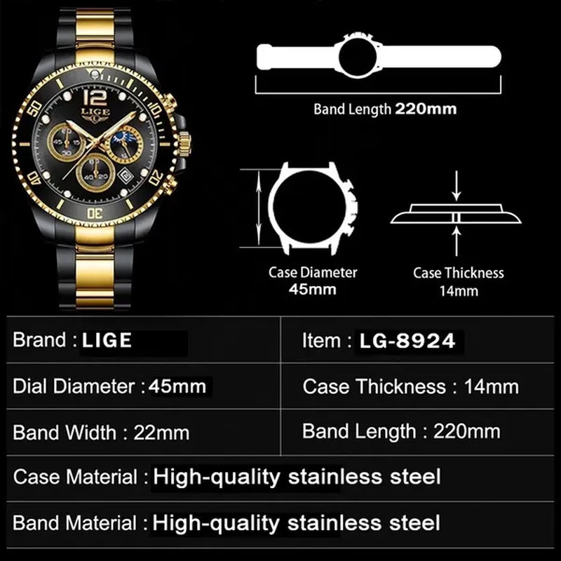 LIGE Luxury Elegant Stainless Steel Quartz Watches 3 ATM Waterproof Mens Wristwatch