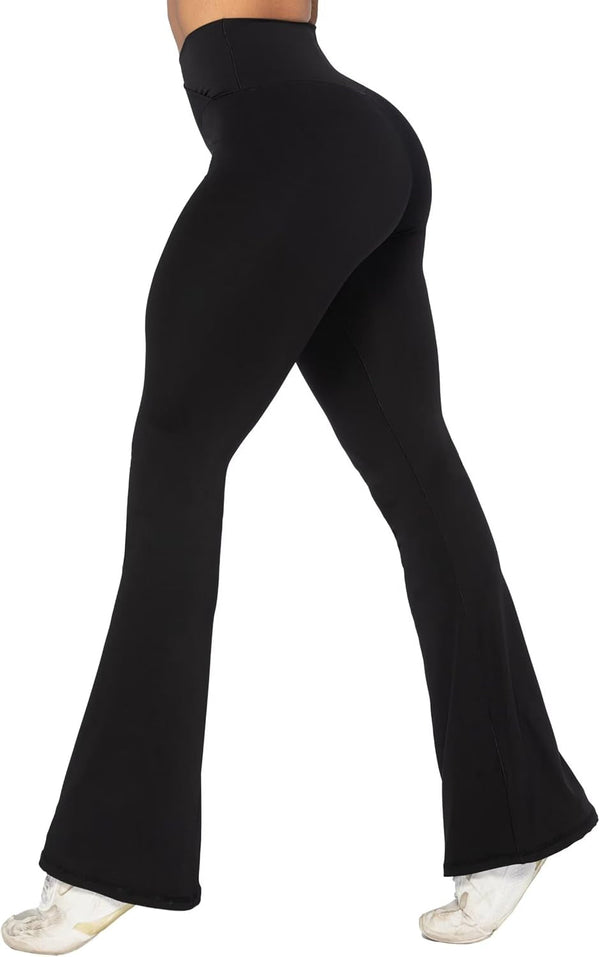 Womens Flare Leggings No Front Seam Flare Yoga Pants with Tummy Control Crossover High Waist and Wide Leg