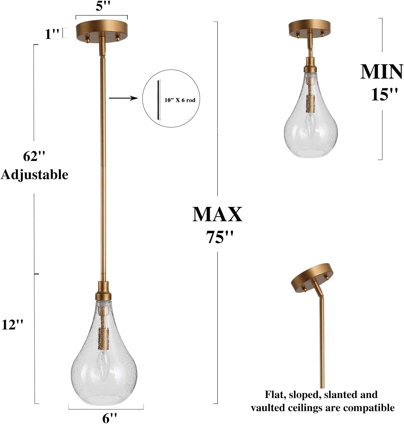 Gold Glass Pendant Lighting for Kitchen Island, Bedroom, Dining Room, Entryway, Sink, Breakfast Nook