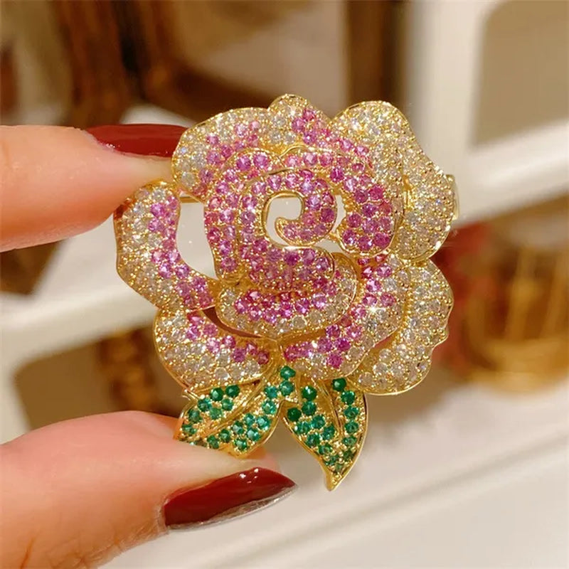 French Retro High-End Full Diamond Gradient Rose Gold Zircon Rose Flower Brooch Suit Pin Clothes Accessories