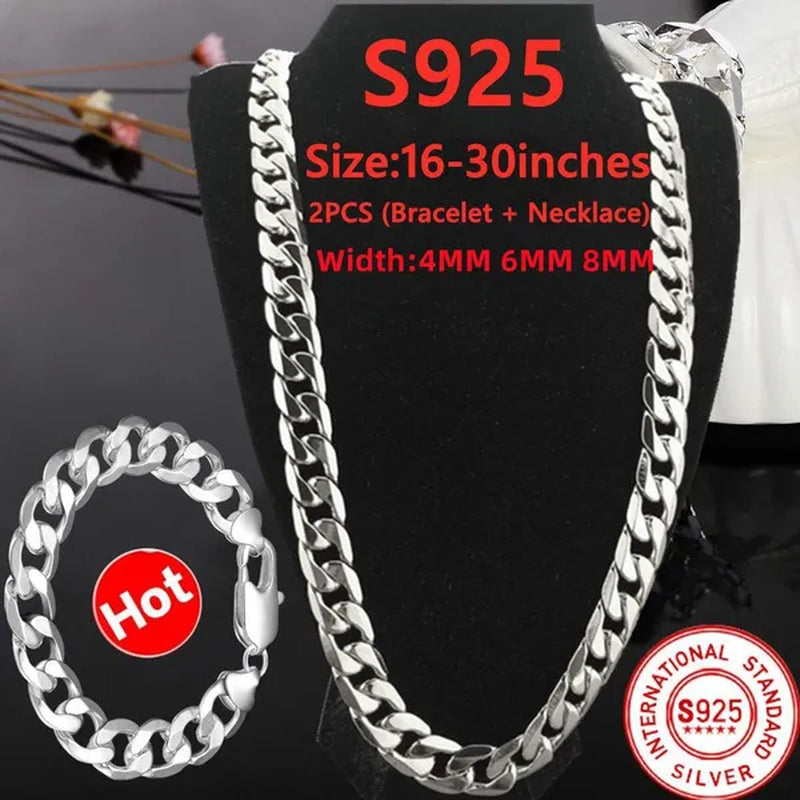 925 Sterling Silver Jewelry Set Flat Sideways Necklace Bracelet Chain for Men and Women-Fashion Wedding Engagement Jewelry-Genuine Sterling Silver