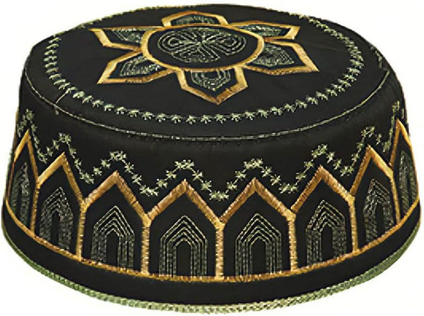 Men Muslim Prayer Kufi Hat, Islam Skull Embroidery Cap Beanie Hat Prayer Headwear Ramadan Eid Gift(Green Black)
