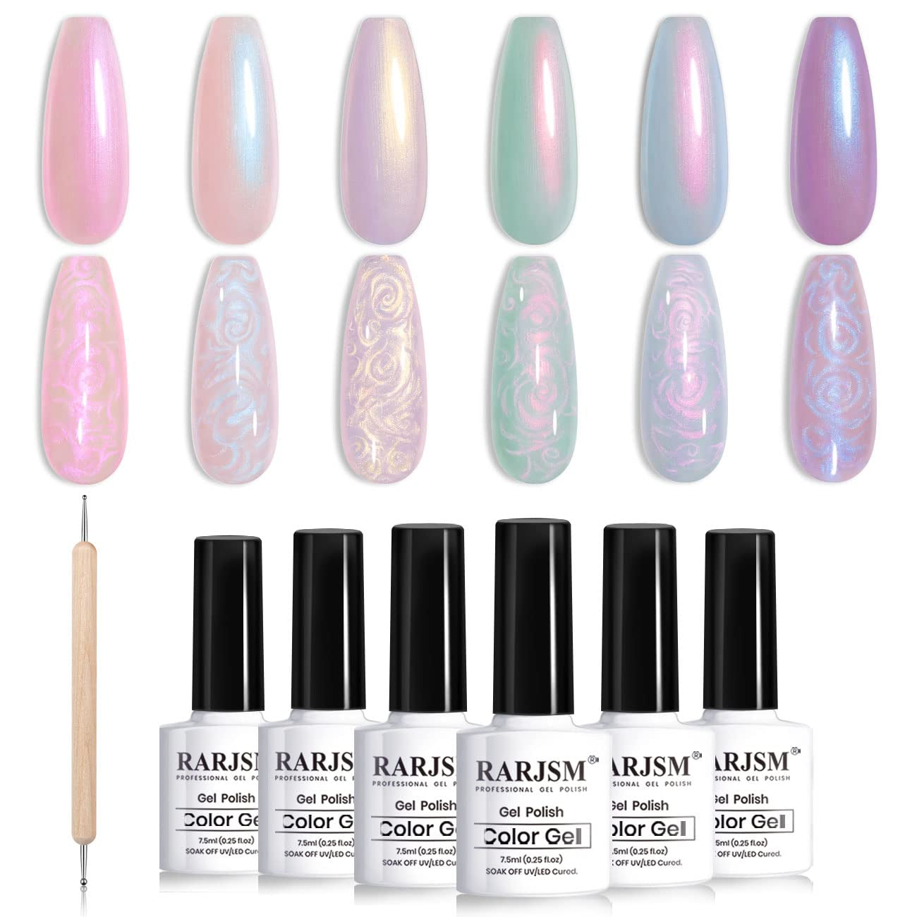 Pearl Gel Nail Polish - Glitter Pearlescent Shell Gel Polish in Pink, Beige, Blue, Green, Purple Shimmer Mermaid Swirl Thread Effect - Soak off LED UV Curing - DIY Manicure Use