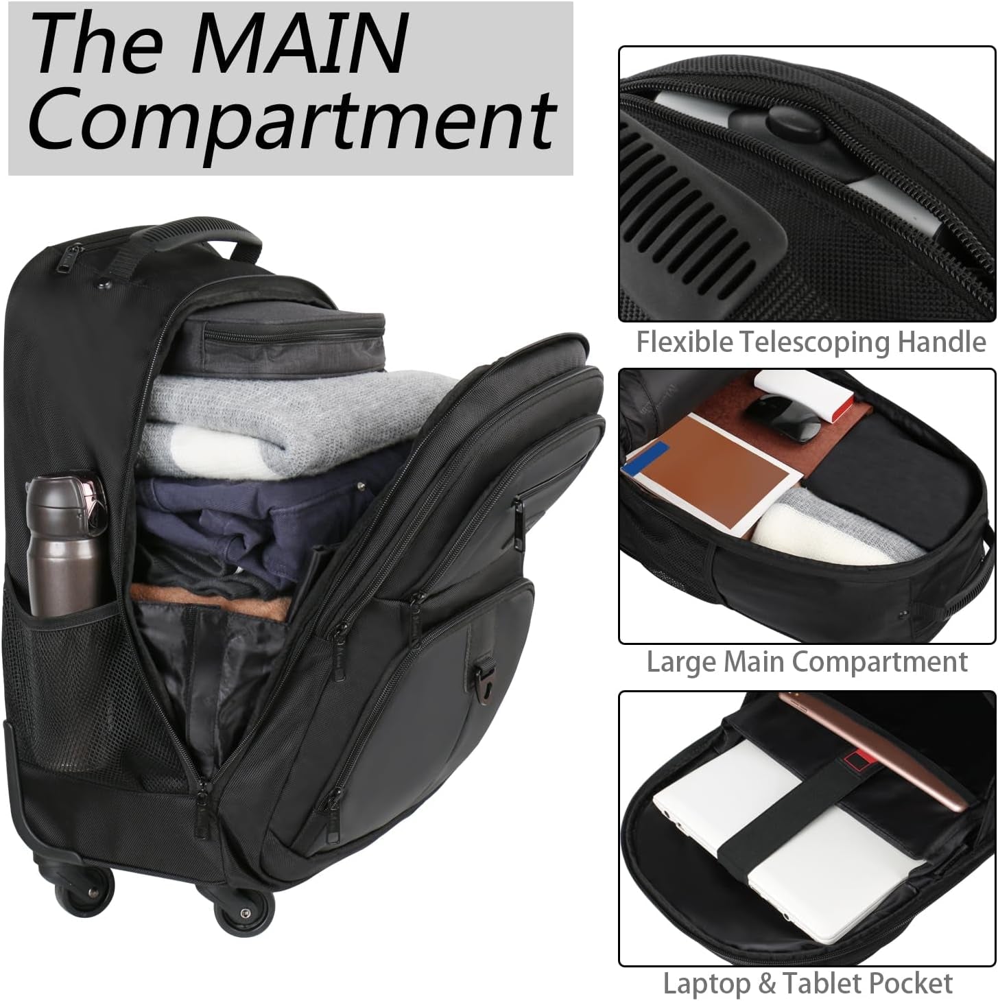 Rolling Backpack with 4 Wheels, 17 Inch Roller Travel Laptop Backpack for Women Men, Large Water Resistant Business Wheeled Bag, Airline Approved Carry on Luggage Suitcase Bag, Black