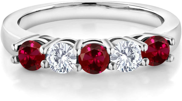 925 Sterling Silver Red Created Ruby and White Moissanite 5-Stone Wedding Anniversary Band Ring for Women (1.07 Cttw, Gemstone July Birthstone, Available in Size 5, 6, 7, 8, 9)