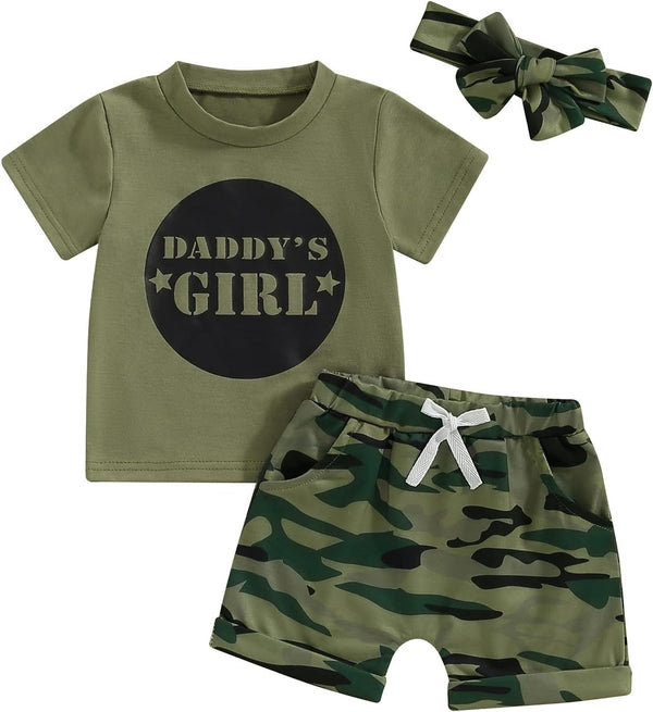 Summer Toddler Girl Clothes Baby Outfits Daddy'S Girl Short Sleeve T-Shirt Tops Camouflage Shorts Set for 2T 3T 4T