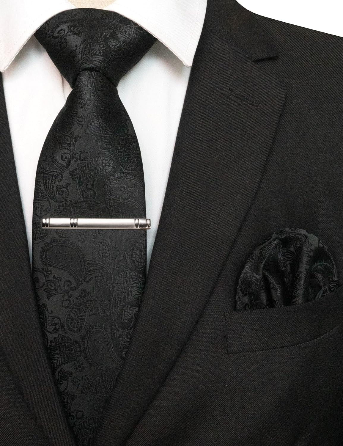 Mens Solid Color Paisley Necktie and Pocket Square with Tie Clip Sets