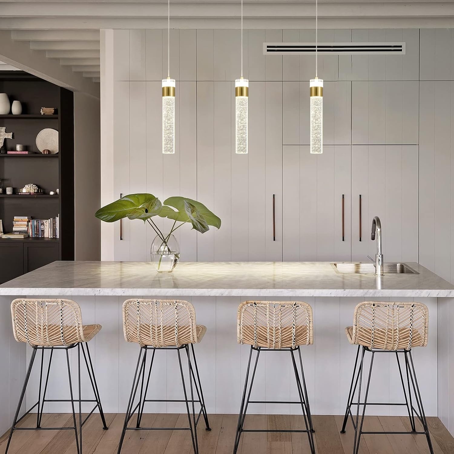 Gold Pendant Light Crystal Pendant Light Fixtures for Kitchen Island Lighting 4000K LED Modern Adjustable Chandelier Hanging Bubble Pendant Lighting (1Pack)