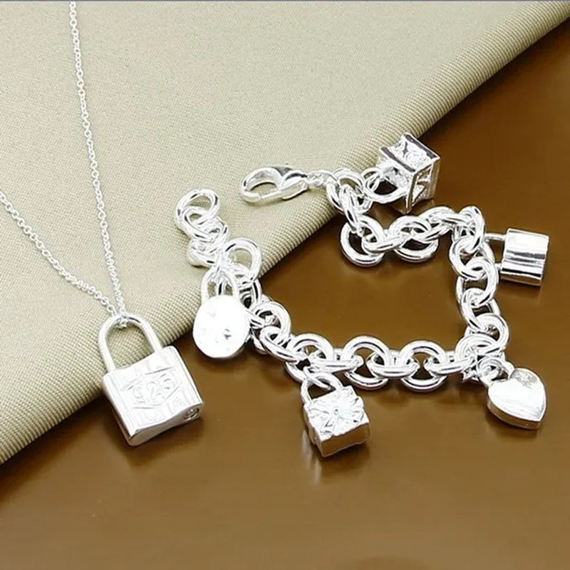 Classic Jewelry Sets 925 Sterling Silver Square round Lock Link Chain Necklace Bracelet Two Piece Set Women Male Wholesale