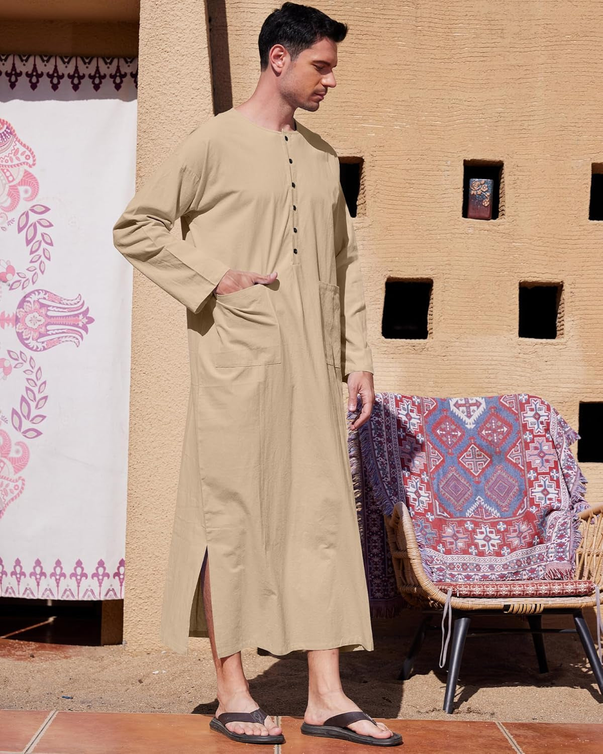 Men'S Kaftan Thobe Long Sleeve Muslim Robe Button up Side Split Kaftan Thobe with Pockets