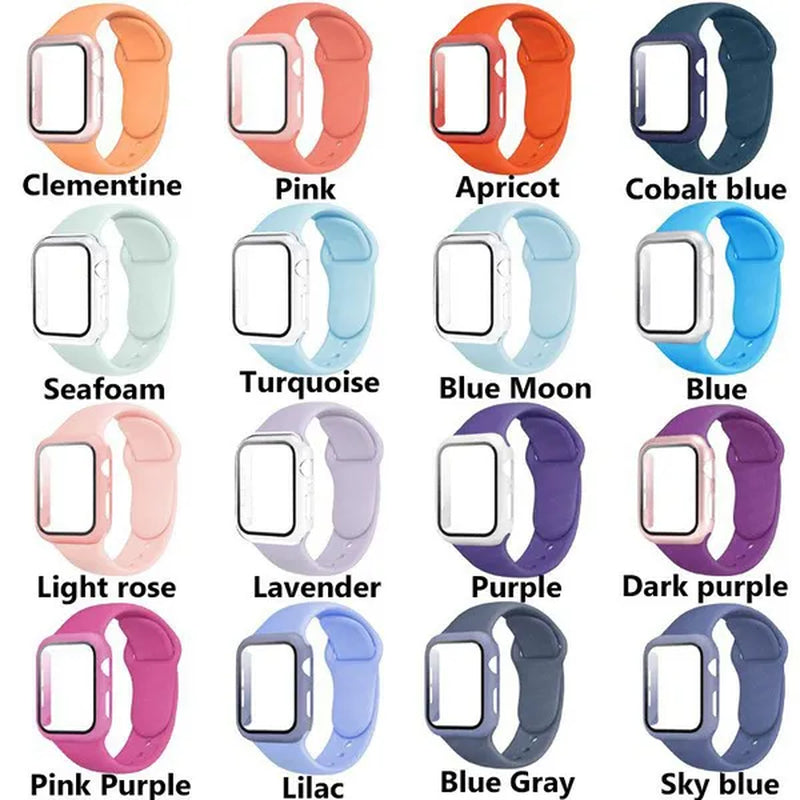 LEIXIUER Tempered Glass with Case Sport Silicone Strap for Smart Watch series  8 7 6 SE 2 3 4 5 1 for Smart Watch45mm 41mm 44mm 40mm 38mm 42mm 44 mm Sport Soft screen protector band bracelet（ Case and strap are packaged separately !）