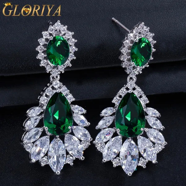 Gloriya Vintage Exquisite Marquise Silver Plated Jewelry Tear Drop Green Wedding Long Hanging Earrings with CZ Zirconia for Bride