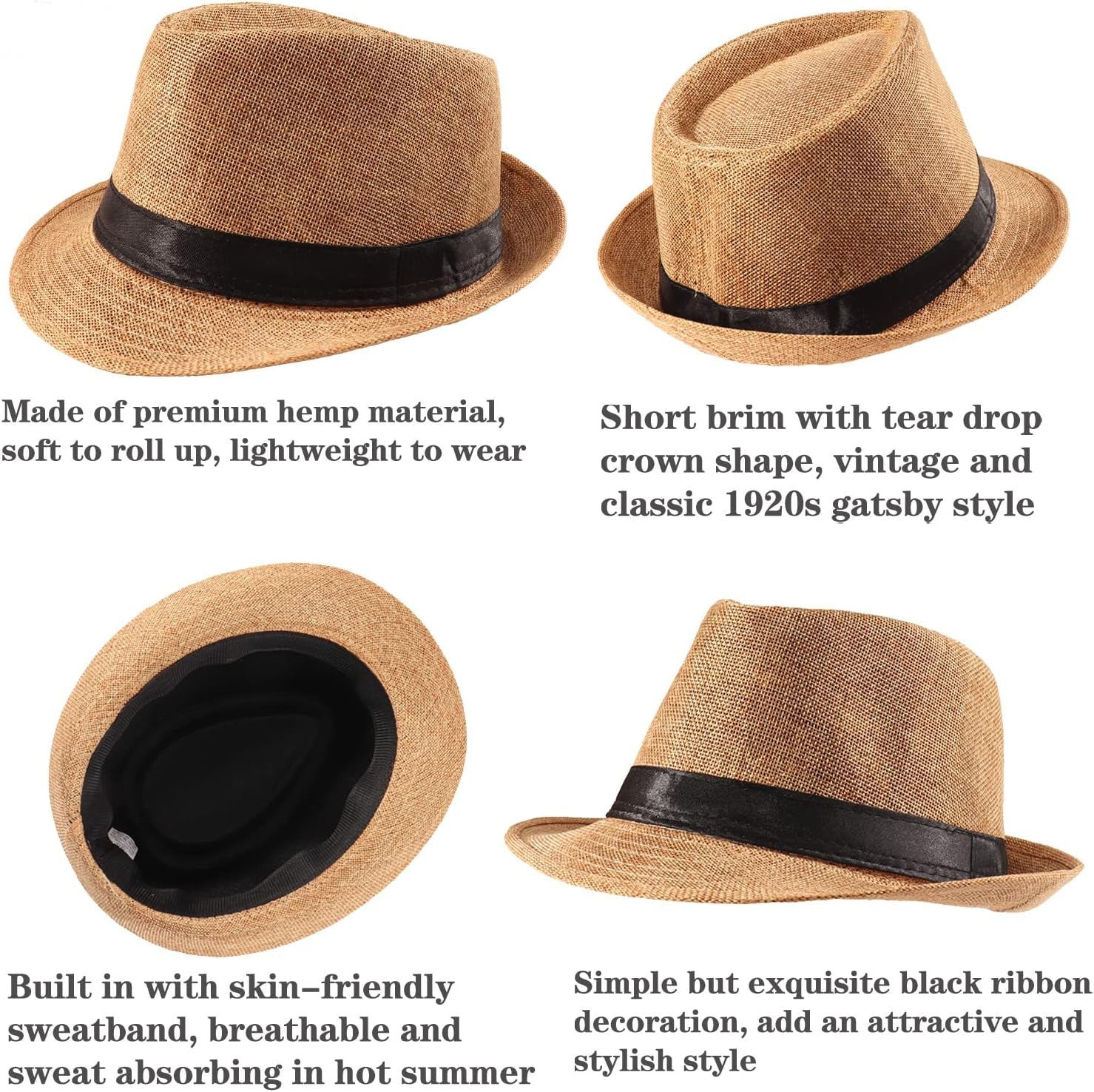 5 Pack Short Brim Fedora Classic Summer Beach Sun Hat Panama Cap for Men Women