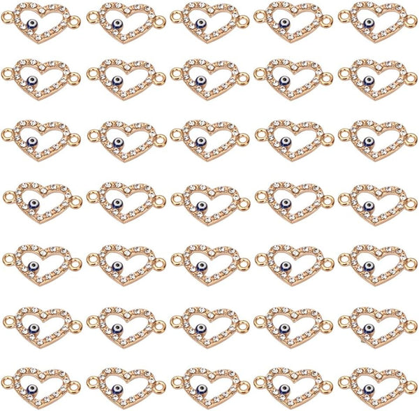 40 Pcs Evil Eye Charm Connector,Alloy Enamel Heart Shape Jewelry Pendants Decorated with White Diamond and Turquoise Double Hole Connector for DIY Bracelet Necklace Jewelry Crafts Making