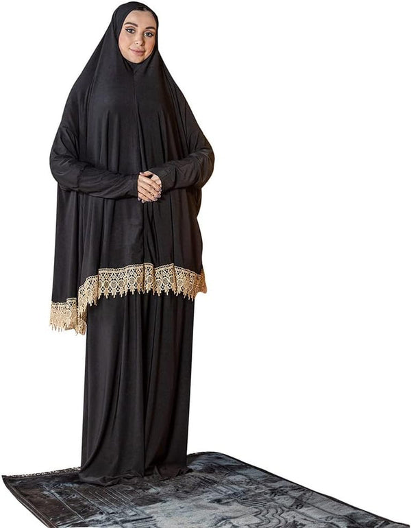 Women'S Prayer Dress 2 Pieces Lycra Solid Color plus Long Sleeve | One-Size | Hijab Abaya Suit