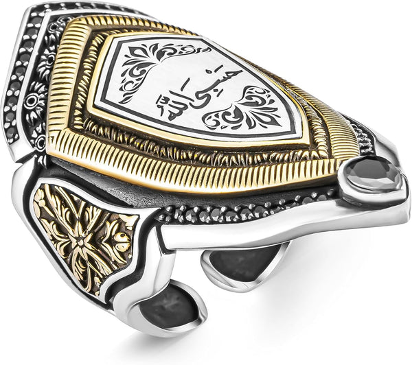 925 Sterling Silver Adjustable Hasbi Allah (Allah Is Sufficient for Me) Islamic Men'S Ring, with Cubic Zirconia Handmade Turkish Style Ring, Religious Muslim Jewelry Gift for Men