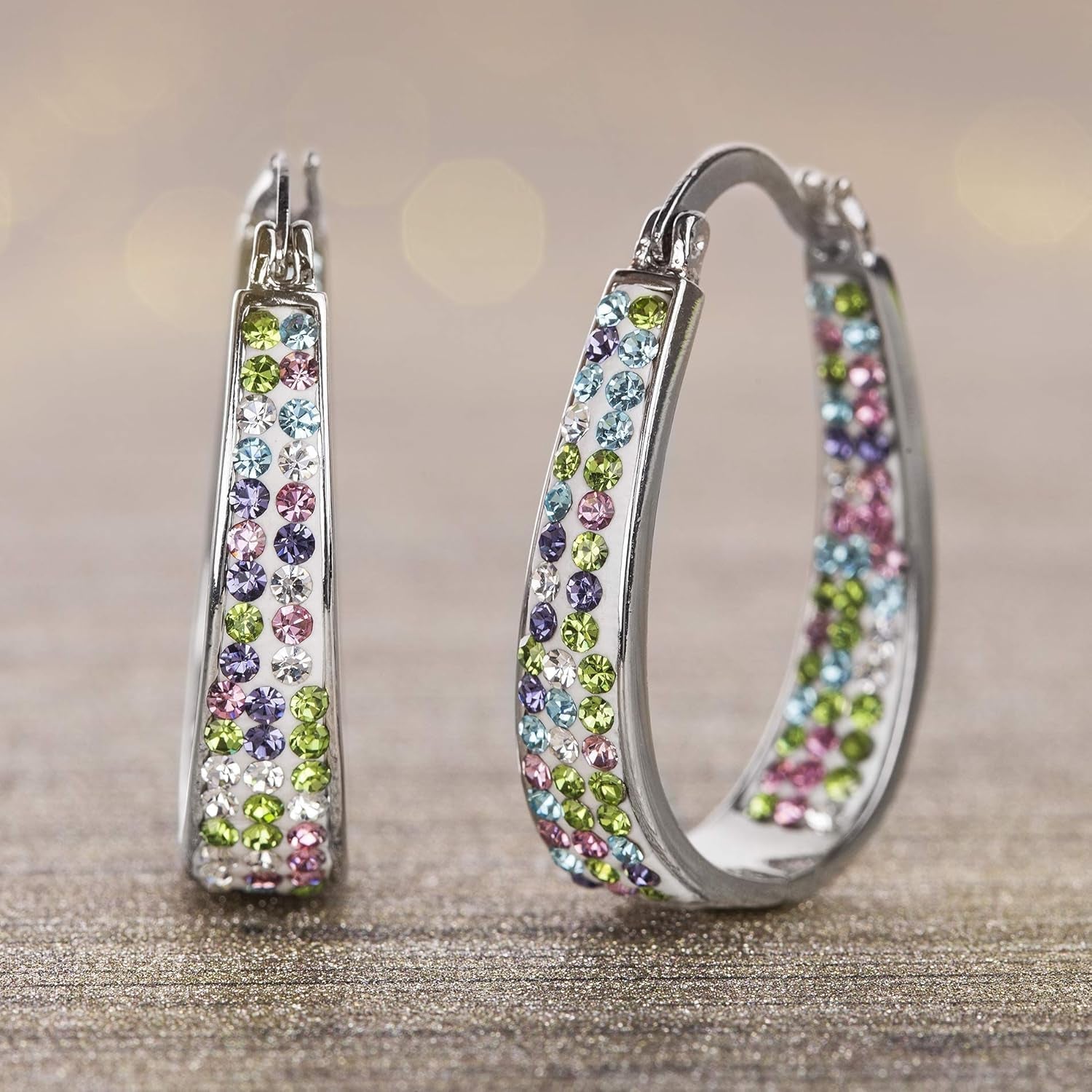 Oval inside outside Hoop Earrings for Women Faceted Sparkle Crystals