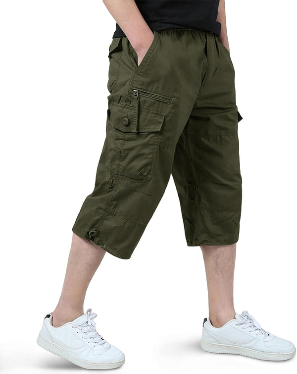 Men'S Cargo Shorts Casual Twill Elastic 3/4 Capri Pants below Knee Long Shorts with 7 Pockets