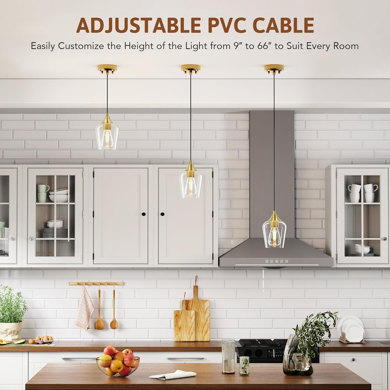 Pendant Light Kitchen Island, Brushed Gold Pendant Light Fixture with E26 Base & Adjustable Cable, Modern Pendant Lighting with Glass Shade for Living Room Bedroom Hallway