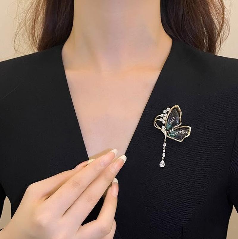 Diamond Inlaid Purple Butterfly Tassel Brooch with High-End Feel, Semi Transparent Insect Butterfly Breast Flower