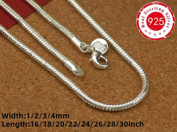 Men Women Snake Chain Necklace 925 Sterling Silver 1MM/2MM/3MM/4MM Thick Silver Necklaces Fashion Wedding Party Exquisite Jewelry(8-30Inch)