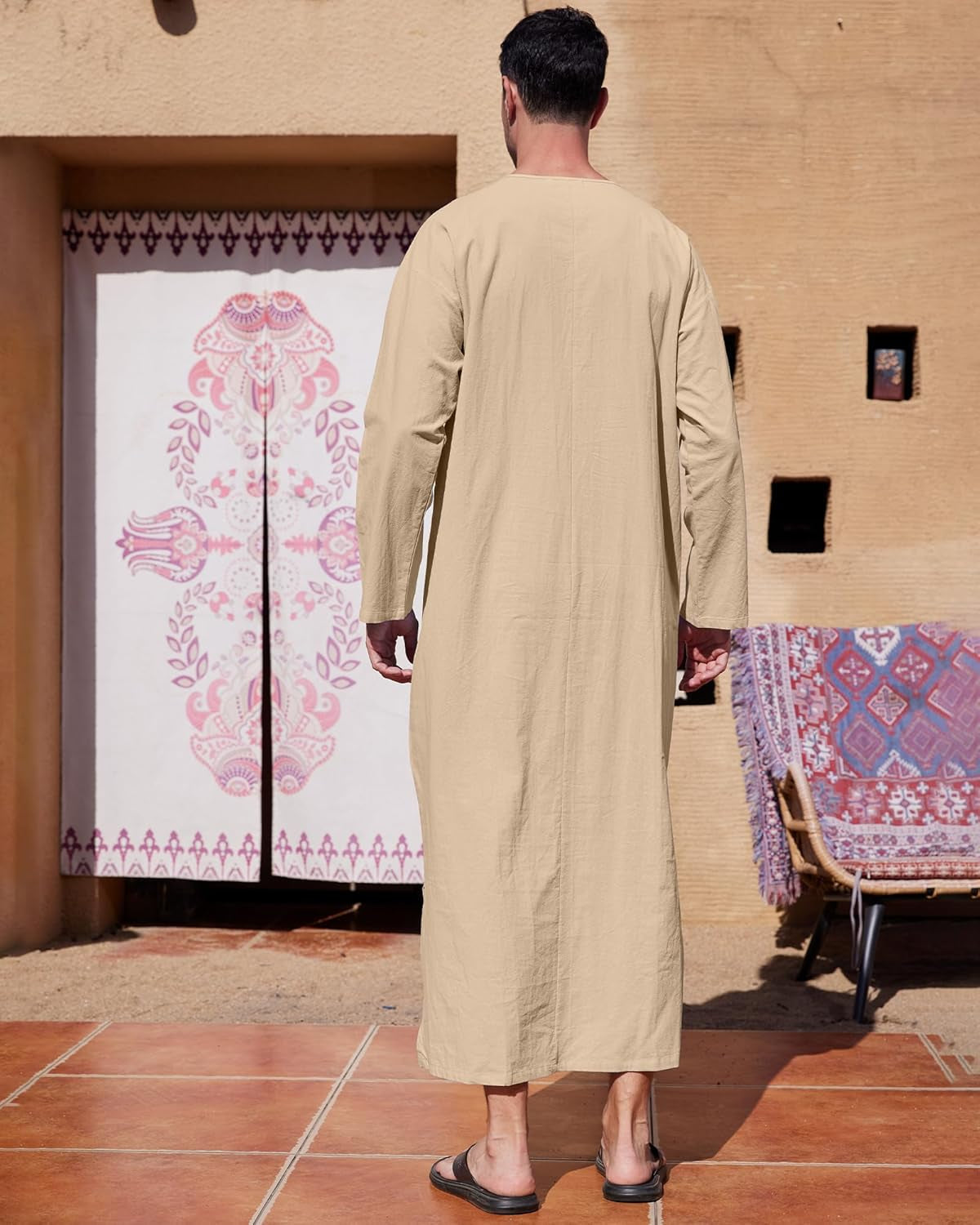 Men'S Kaftan Thobe Long Sleeve Muslim Robe Button up Side Split Kaftan Thobe with Pockets