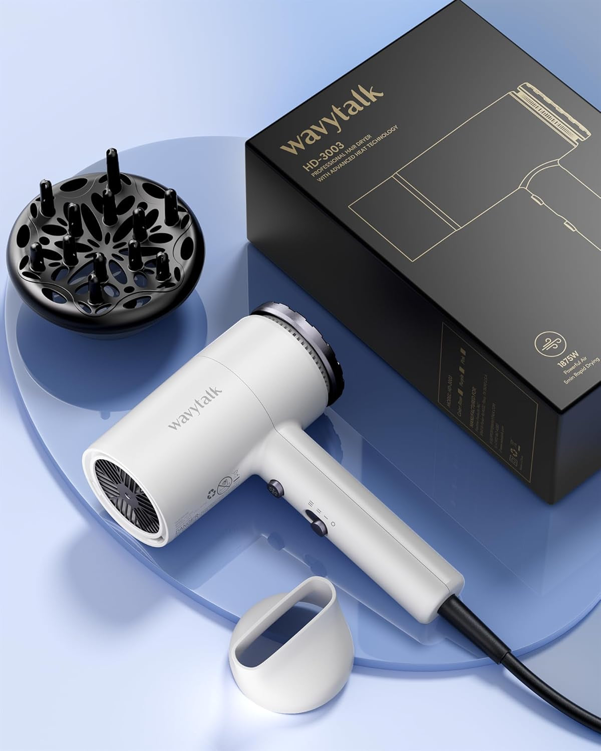 Hair Dryer with Diffuser 1875W Ionic Blow Dryer for Fast Drying with Concentrator Lightweight White.