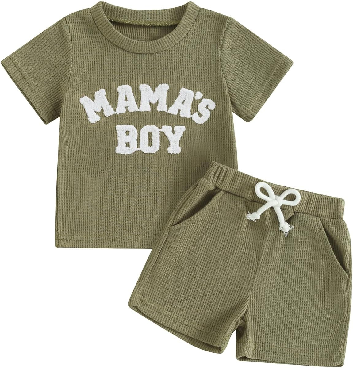 Toddler Baby Boy Summer Clothes Embroiderey Waffle Knit Short Sleeve T-Shirt Tees + Casual Shorts Cute Clothing Set