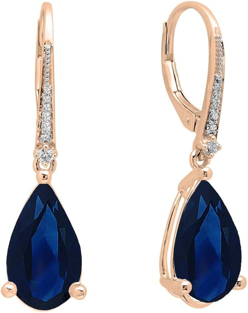 18K 14X8Mm Each Pear Lab Created Gemstone & round White Diamond Teardrop Dangling Drop Earrings, Solid Rose Gold