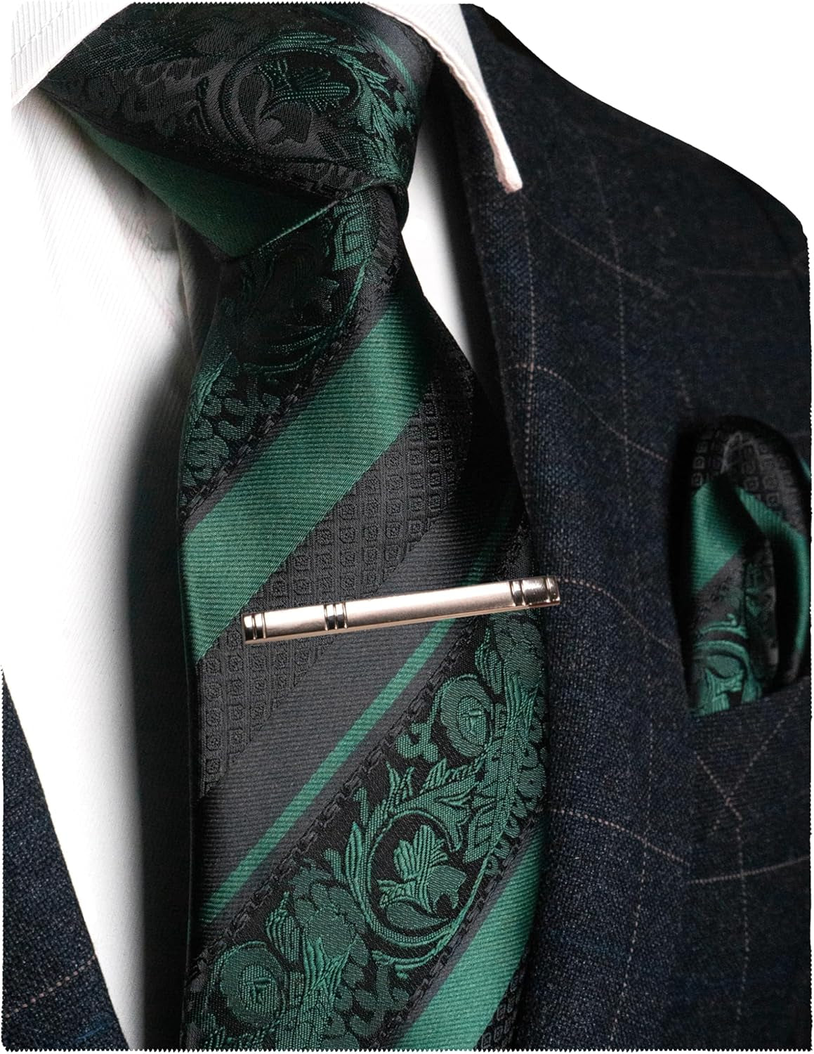 Mens Floral Necktie and Pocket Square Tie Clip Sets for Men