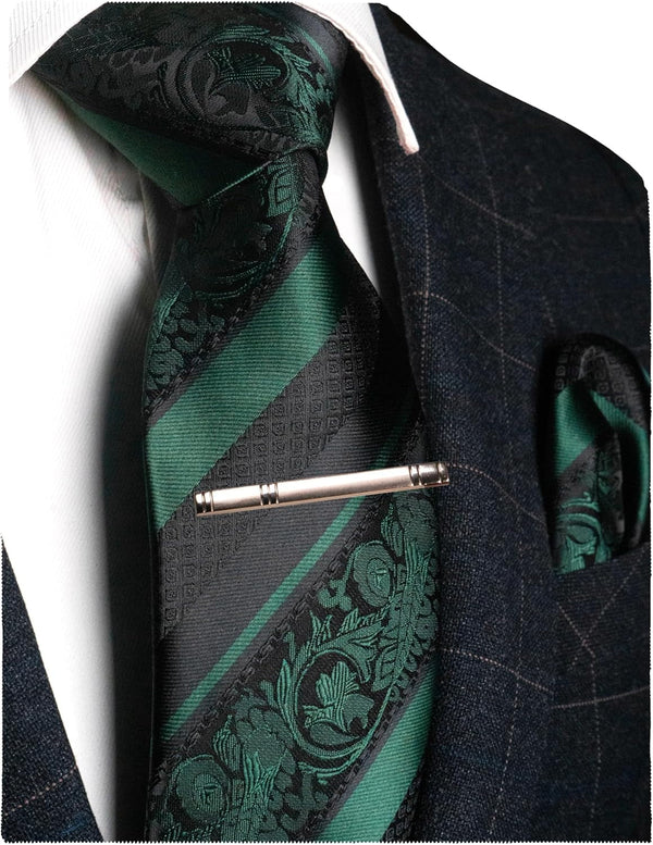 Mens Floral Necktie and Pocket Square Tie Clip Sets for Men