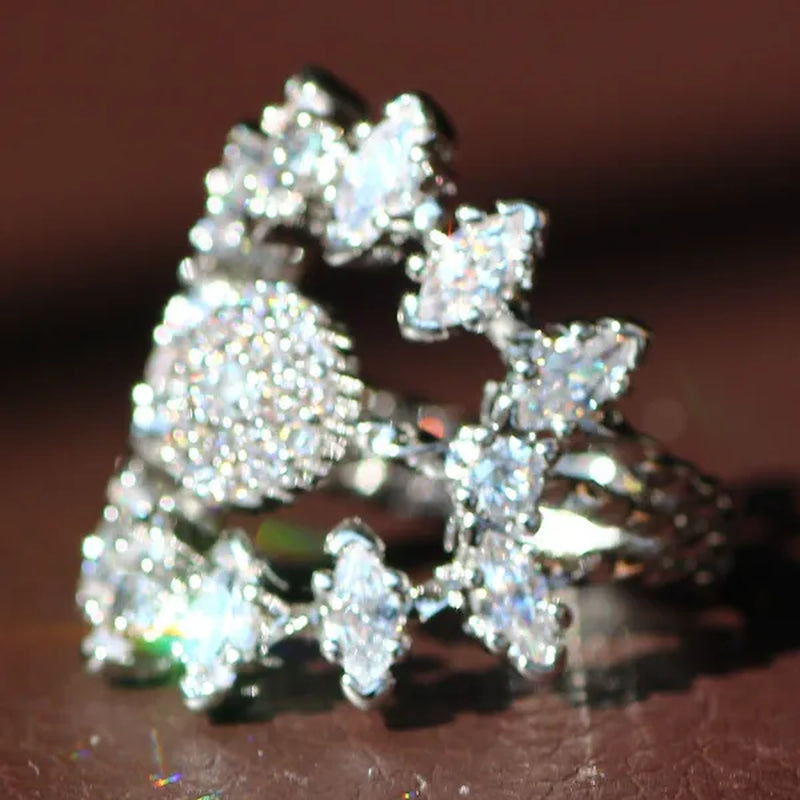 Luxurious  Silver Natural Gemstones White Sapphire Wedding Birthstone Bride Flower Engagement Ellipse Princess Sun Ring Jewelry Size 6 7 8 9 10