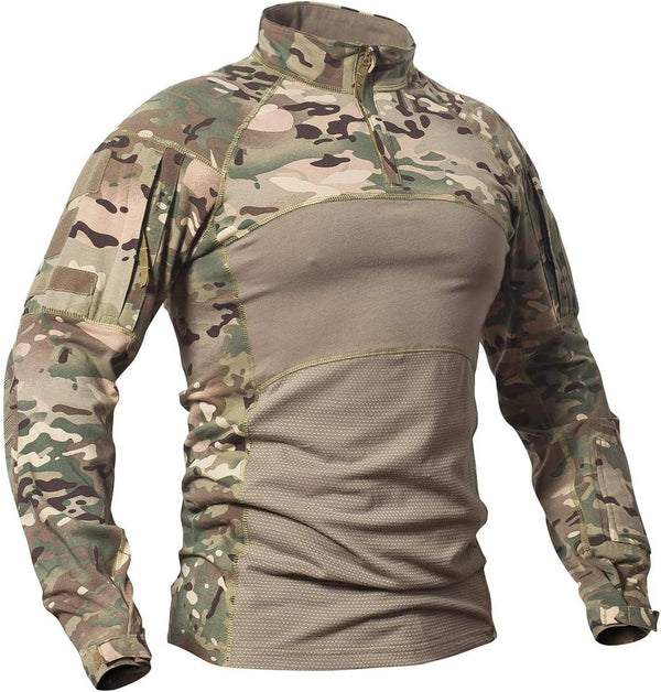 Men'S Tactical Military Combat Shirt Long Sleeve Cotton Camo T Shirt with Zipper