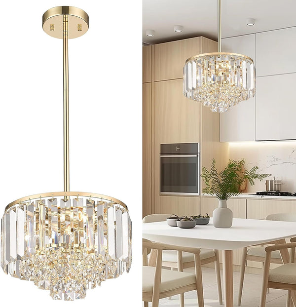 Gold Chandelier, 4-Tier Crystal Chandelier, Modern Pendant Light for Dinning Room Kitchen Island Bedroom Entryway, CC4215-3W-G