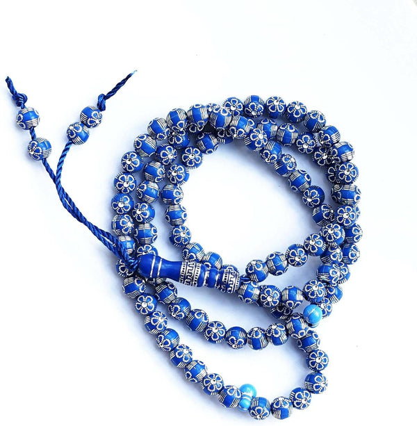 Blue 8Mm Acrylic Islamic Prayer Beads Necklace for Muslims (Unisex, 99 Beads, Silver, 24.5')