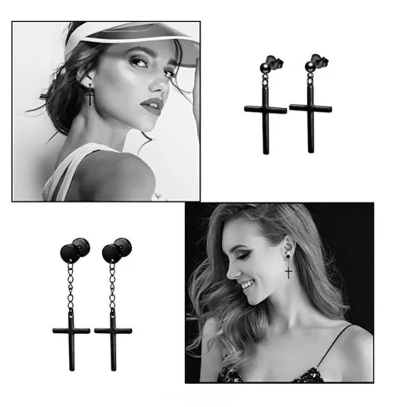 12 Pairs Set Stainless Steel Cross Stud Hoop Earrings Black Piercing Jewelry Men