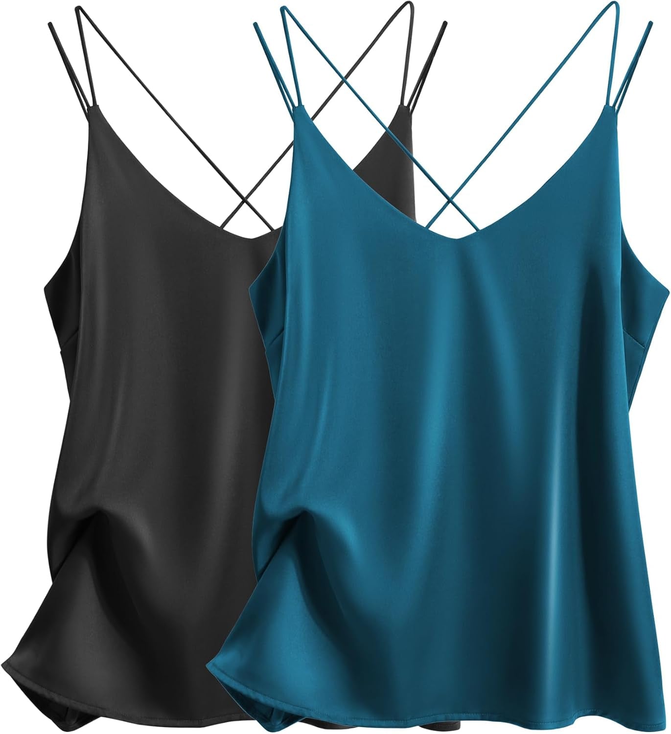 Womens Silk Satin Camisole Tank Tops V Neck Spaghetti Strap Blouses Cross Back Sleeveless Cami Shirt