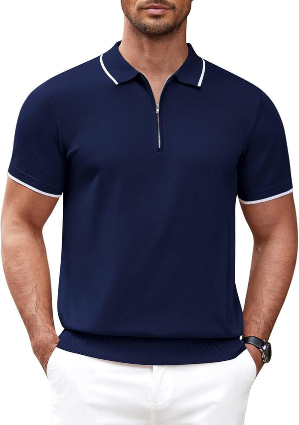 Men'S Zipper Polo Shirt Casual Knit Short Sleeve Polo T Shirt Classic Fit Shirts