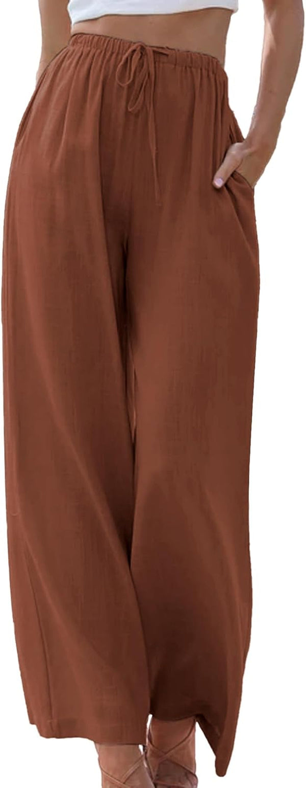 Womens Cotton Linen Palazzo Pants Drawstring Elastic Waist Casual Wide Leg Trousers with Pockets