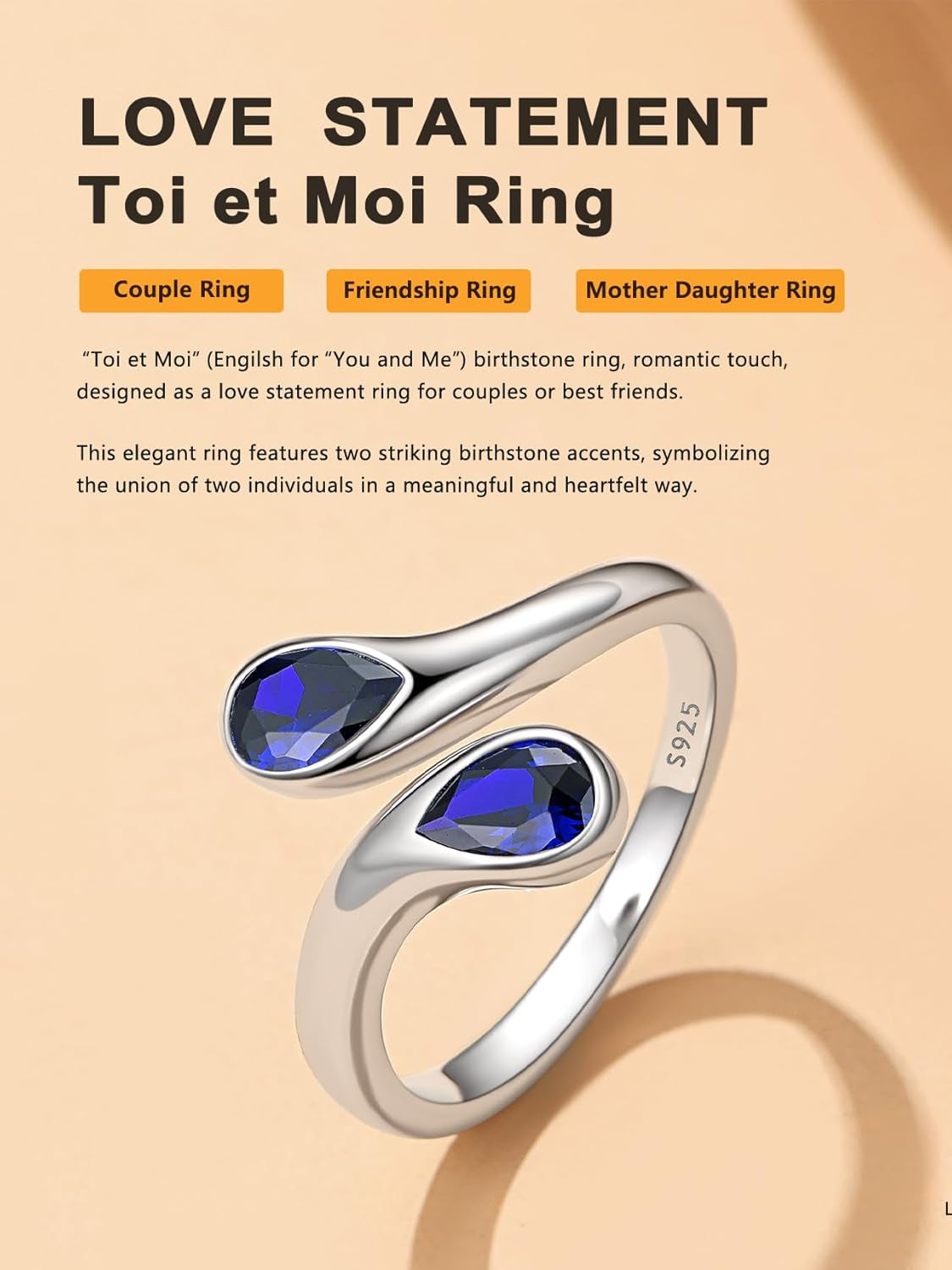 Silver Birthstone Ring for Women, Dainty Sterling Silver Teardrop Ring Open Adjustable Band Ring, Love Statement TOI Et Moi Ring Promise Ring for Her