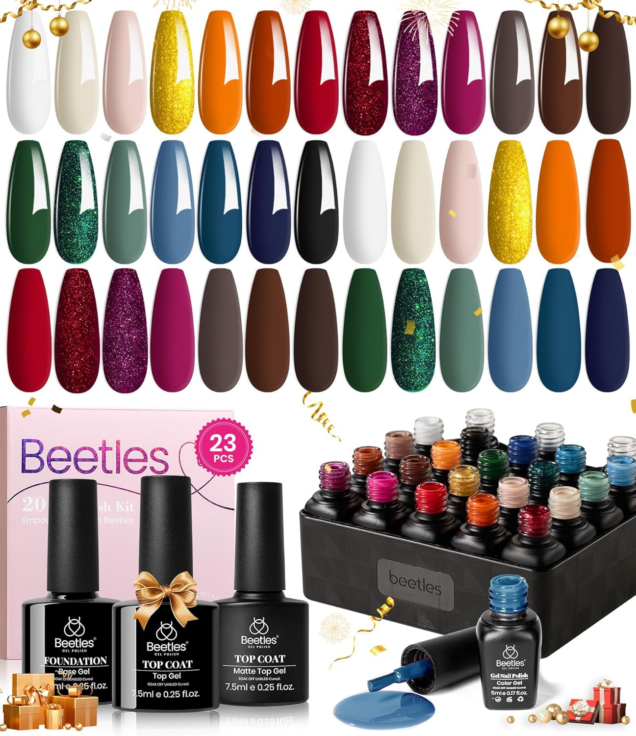 Beetles Gel Nail Polish Set, 23 PCS 20 Colors Gel Nail Polish Kit Green Red Blue Glitter Gold Brown with Base Coat Glossy Matte Top Coat Gel Polish Soak off Uv Valentines Gifts for Women