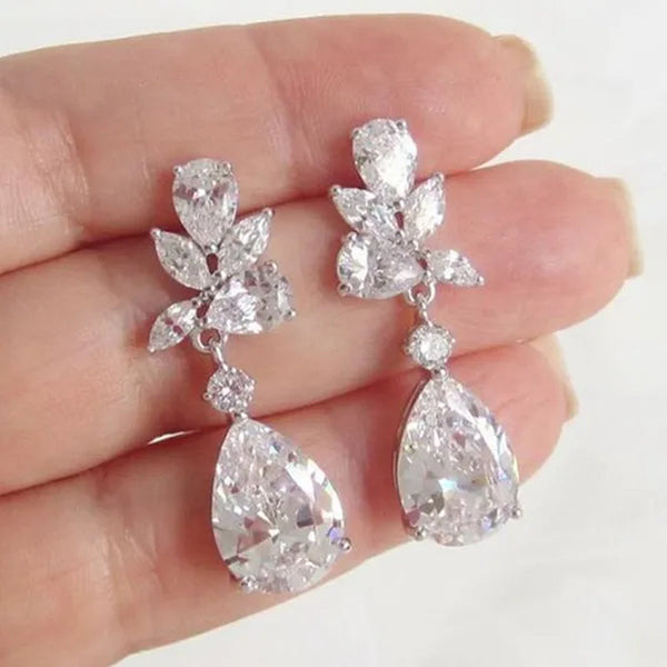 Elegant Women 925 Sterling Silver Teardrop Shaped White Sapphire Diamond Drop Dangle Earrings Engagement Wedding Party Fine Jewelry