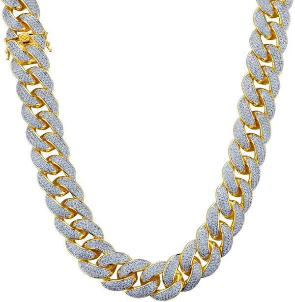 | Iced Lab Diamond Chain Necklace 3 Row Cubic Zirconia - Miami Cuban Link Chain for Men and Women | 18K Yellow Gold and White Gold Plated Choker Necklace