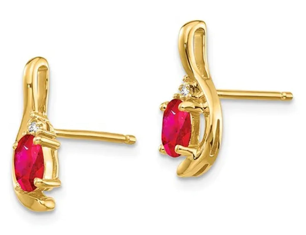 Natural Red Ruby 1/2 Carat (ctw) Oval Stud Earrings in 14K Yellow Gold with Accent Diamonds