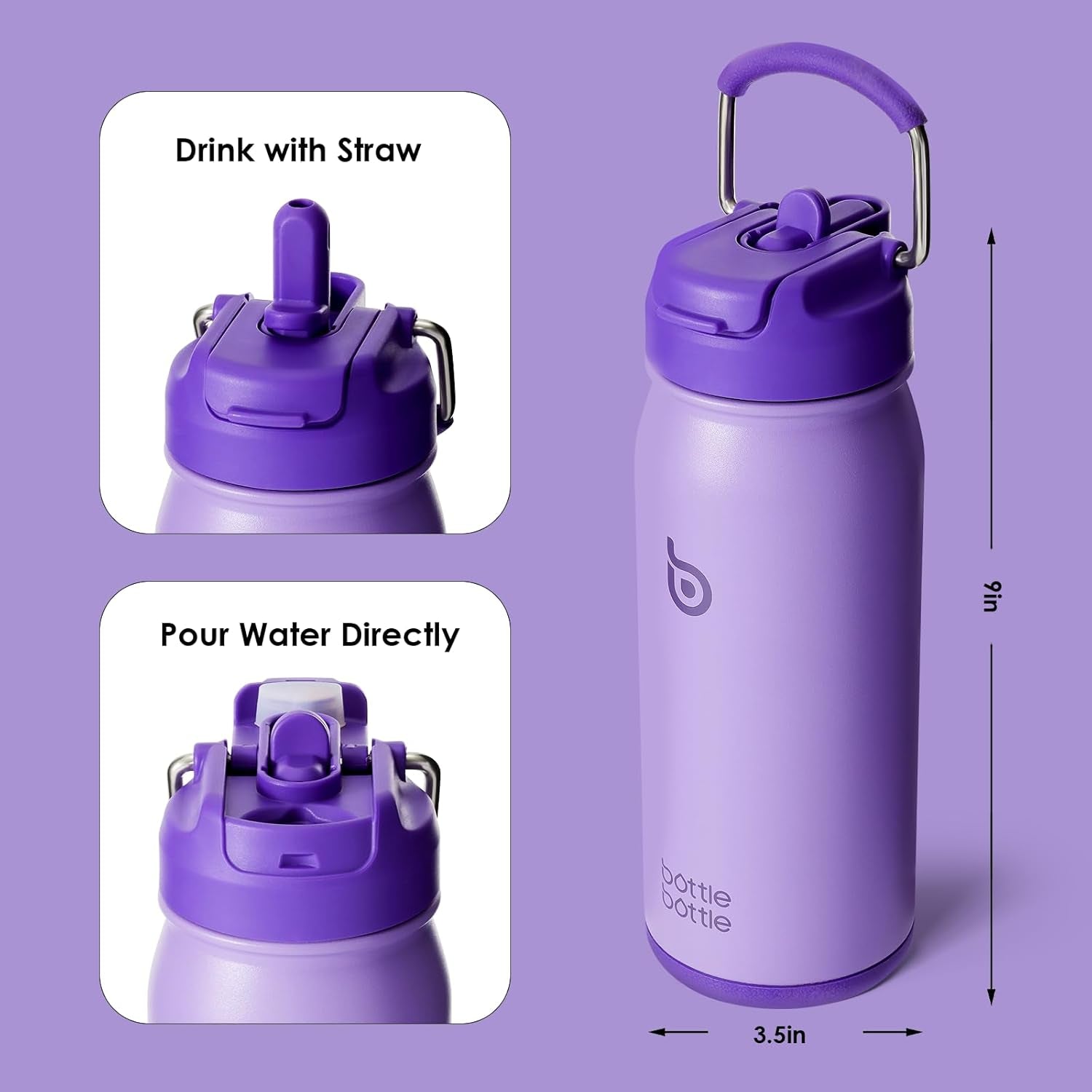 16 Oz Sports Water Bottle Stainless Steel Insulated Kids Water Bottle with Straw and Pills Holder for Gifts and School (Purple)