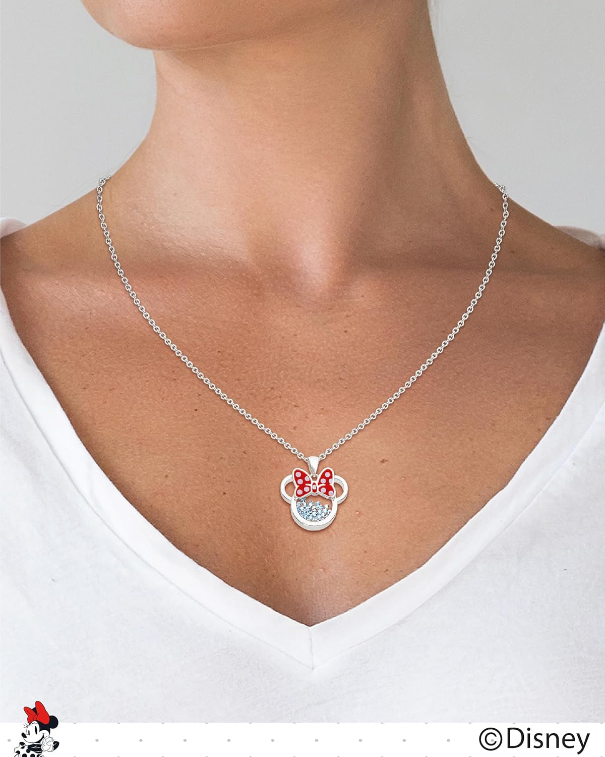 Women and Birthstone Jewelry - Minnie Mouse Cubic Zirconia Shaker Pendant Necklace, Silver Plated, 18+2" Extender